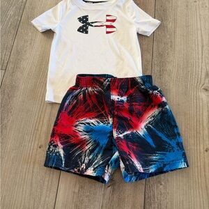 Under Armour Boys White Tee & Red/Blue Firework Swim Shorts Set